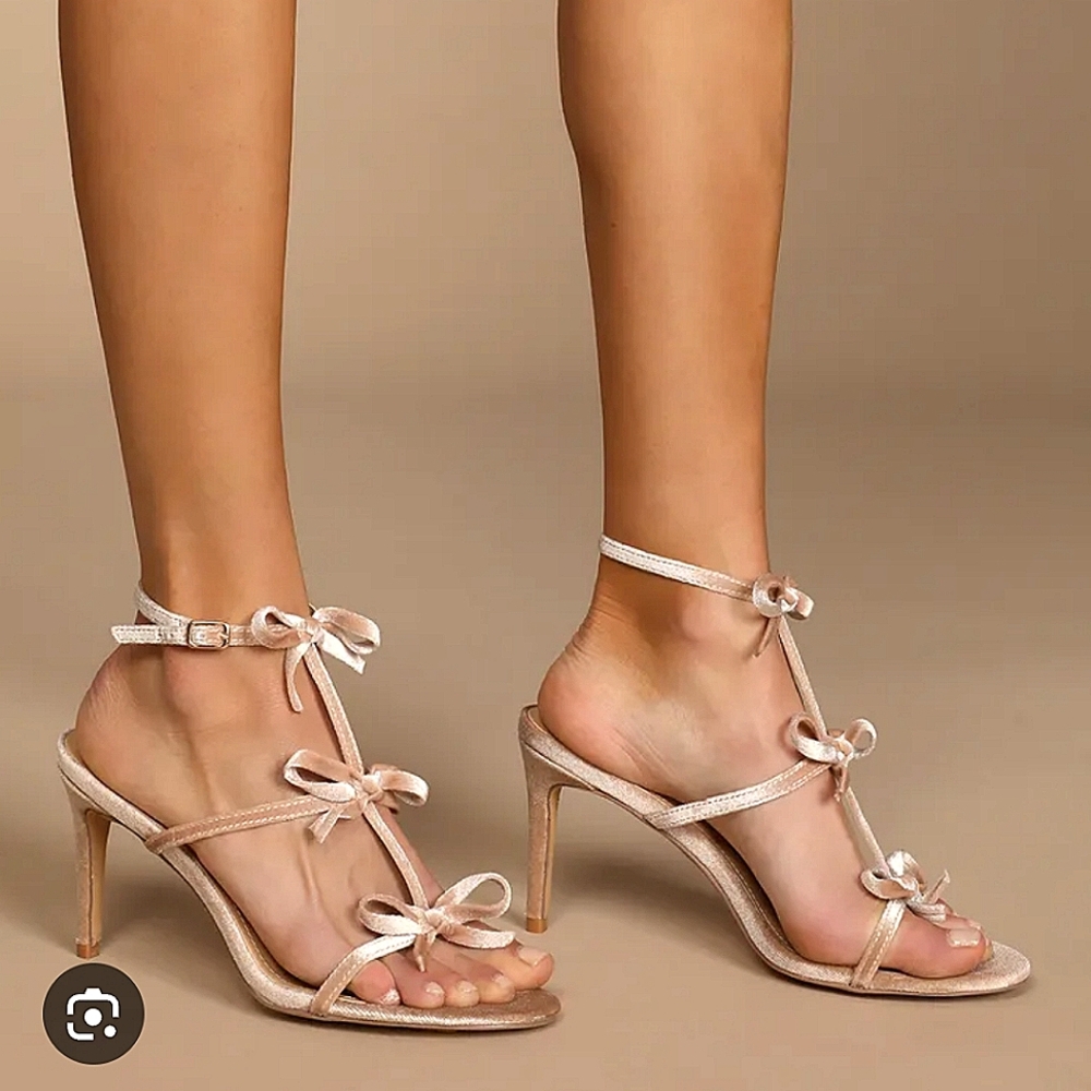 Lulus Elegant Women's Beige Bow Velvet Heels - Picture 2 of 8